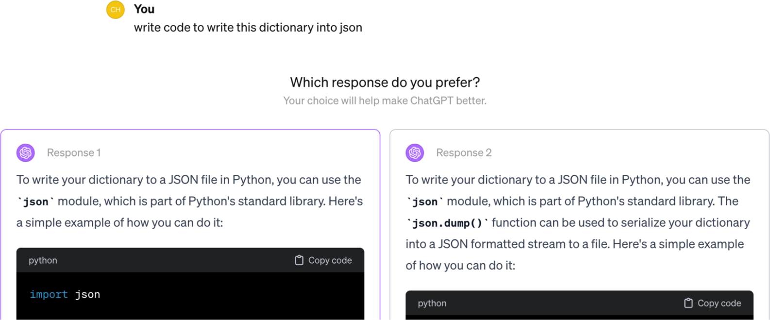 Figure 3-10. ChatGPT occasionally asks users to compare two outputs side by side.